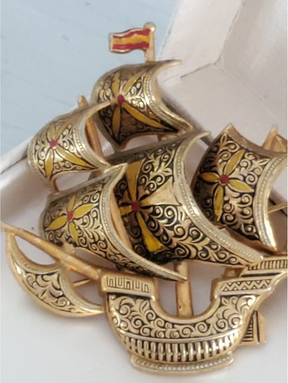Vintage Spanish Damascene Sailor's Ship Brooch Pin